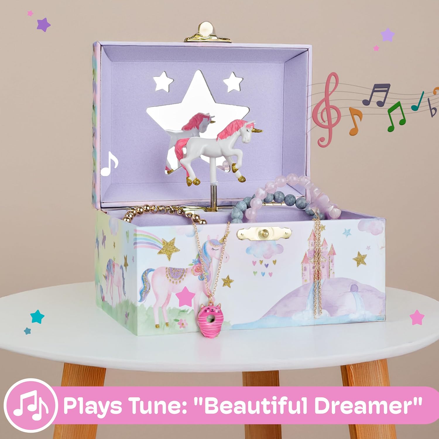 Jewelkeeper Musical Jewelry Box for Girls with Spinning Unicorn, Glitter Rainbow and Stars Design Music Box for Necklace, Earrings, and Accessories, Plays The Beautiful Dreamer Tune