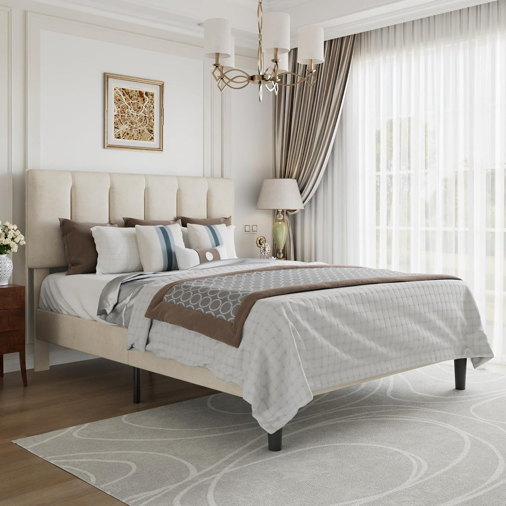 VECELO Full Size Bed Frame with Upholstered Headboard, Pale Beige