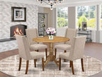 East West Furniture DLFL5-ANA-04 5 Piece Dining Room Furniture Set Includes a Round Dining Table with Dropleaf and 4 Light Tan Linen Fabric Parsons Chairs, 42x42 Inch, Natural