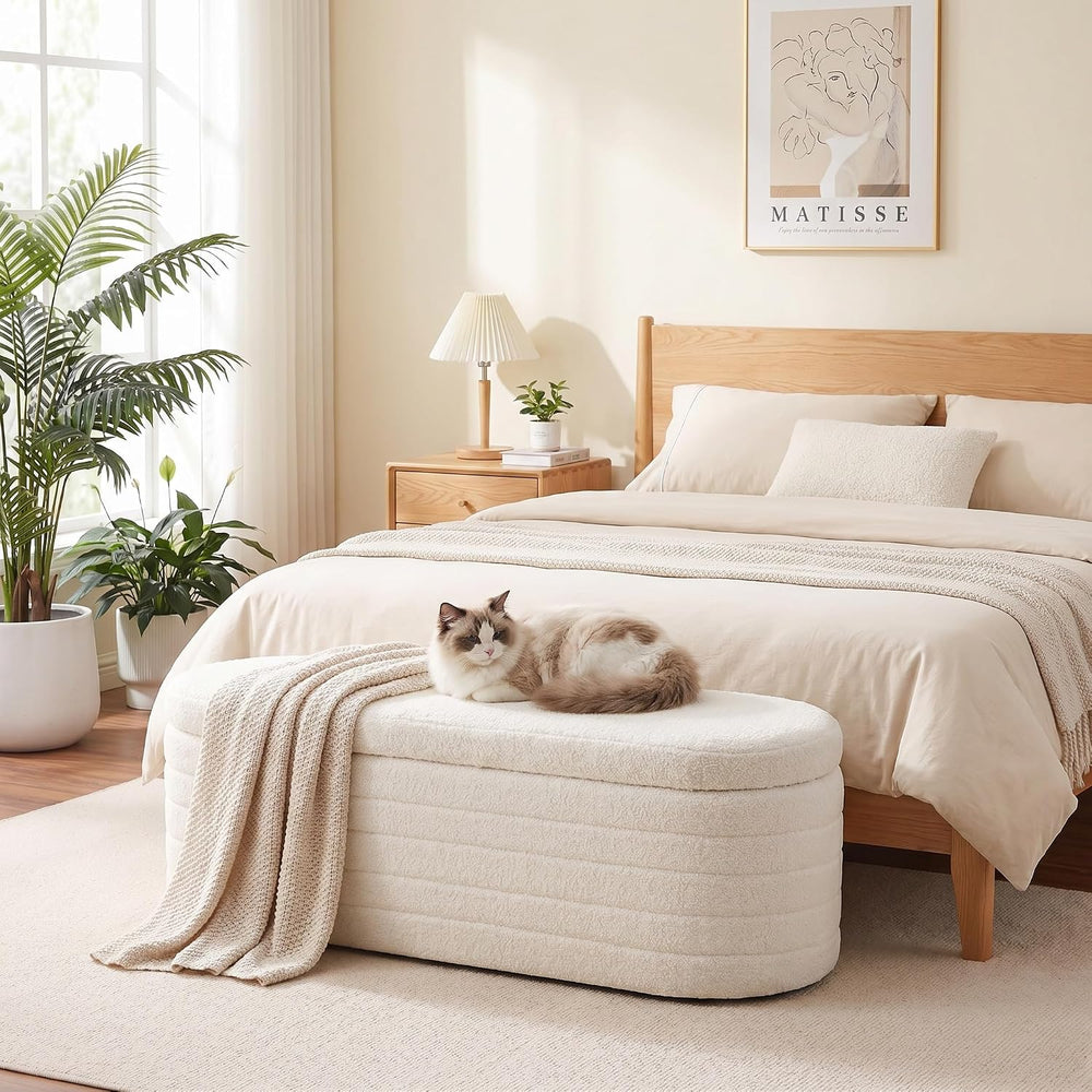 Teddy Sherpa Storage Ottoman Bench End of Bed, White | Modern Boucle, Oval De...