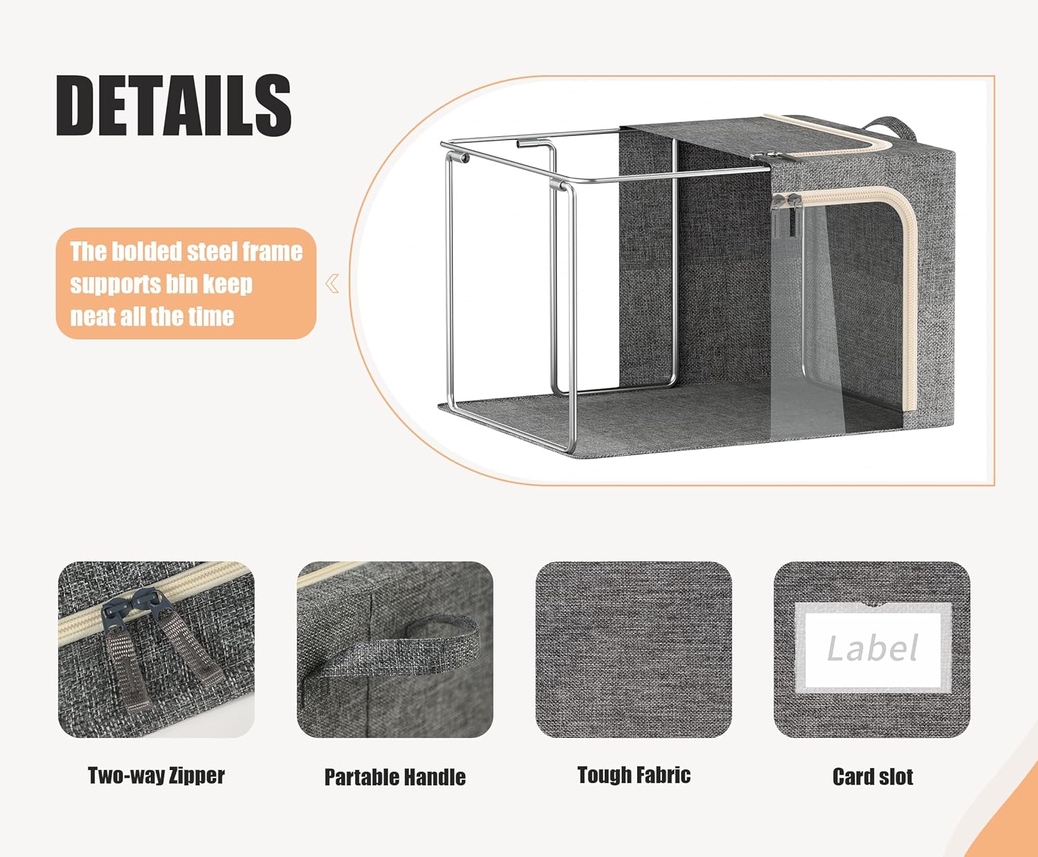 3 Openings Clothes Storage Bins with Metal Frame, Foldable Storage Bin for Clothes, Clothing Storage Bins with Lid, Linen Storage Box With Clear Window＆ Zippers＆ Durable Handles.(3 Pcs,Dark Grey,40L)