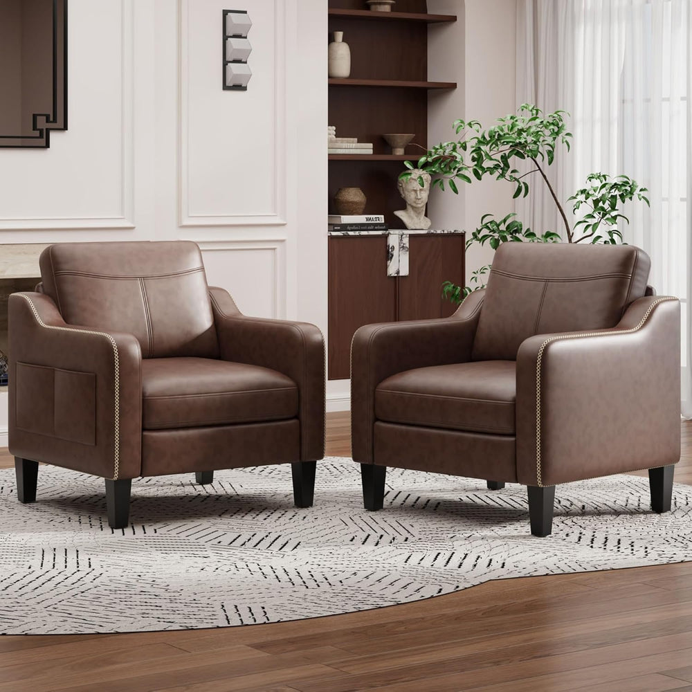MALOL PU Leather Accent Chair Set of 2, Mid-Century Modern Living Room Armcha...