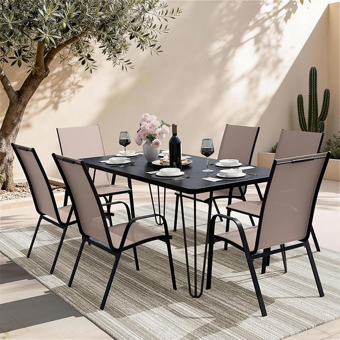 JEAREY Patio Dining Chairs Set of 6, Outdoor Stackable Dining Furniture Set, All Weather Dining Set for Lawn, Garden, Backyard, Poolside, Brown