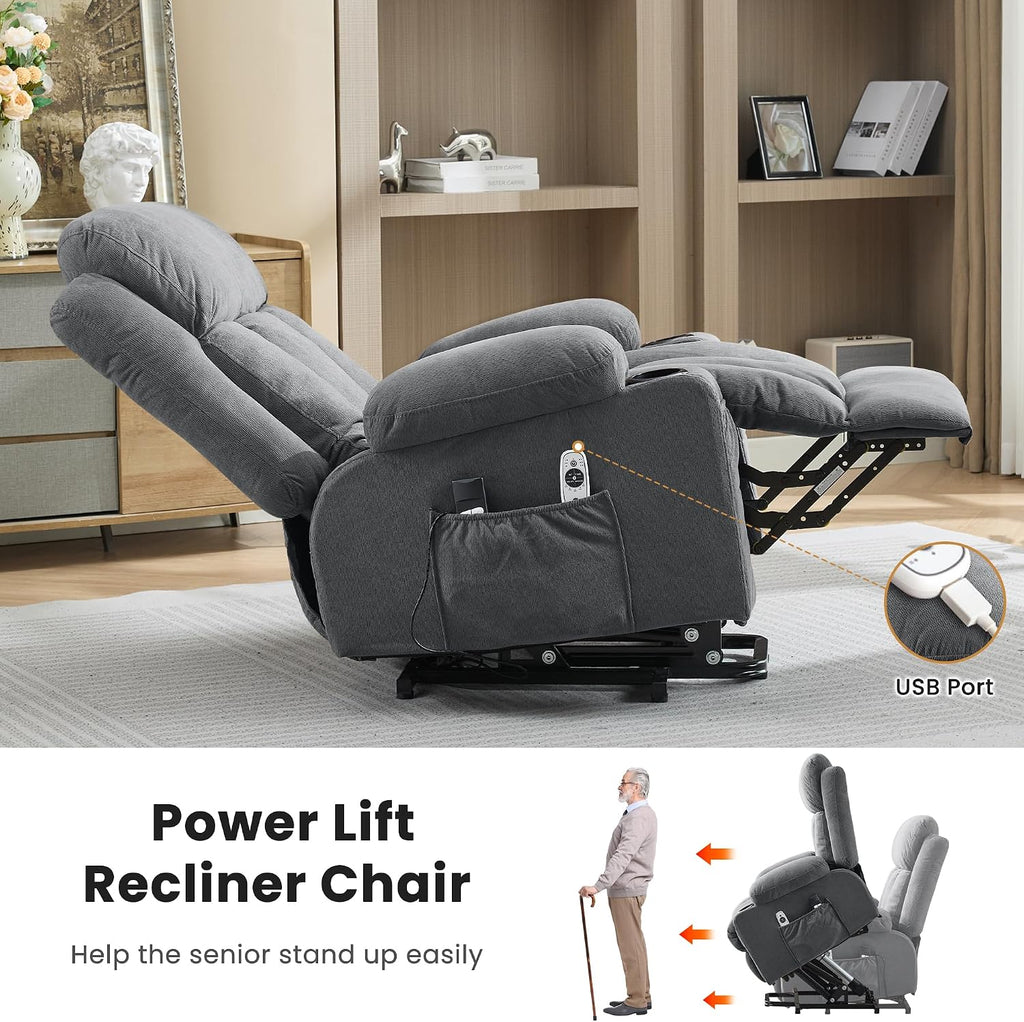Power Lift Recliner Chair with Heat and Massage | Electric Recliner Sofa, Side Pocket & USB Charge Port, Grey Recliner Chairs for Adults, Easy Remote Control