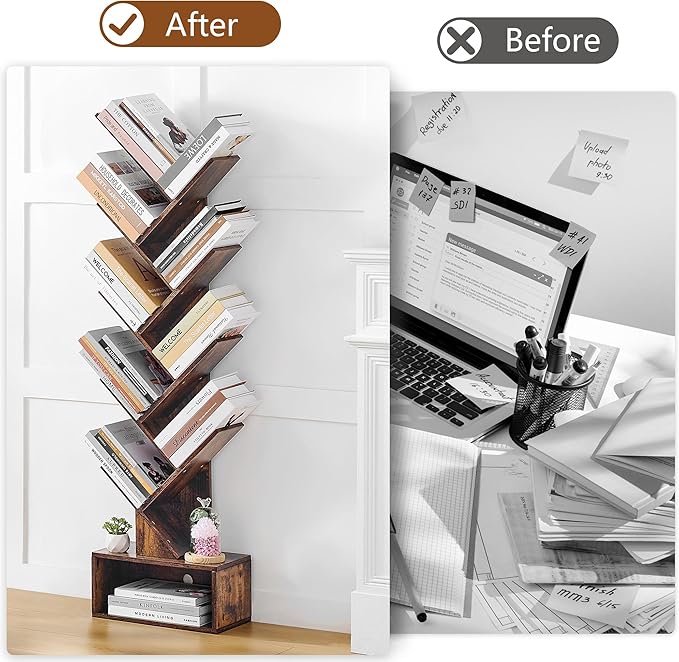 Hoctieon 9 Tier Tree Bookshelf, Tall Bookcase with Drawer, Wood Book Shelf, M...