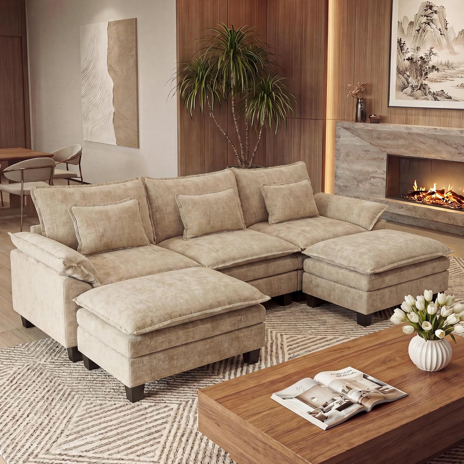 URRED Oversized Modular Sectional Sofa，Khaki：122" U Shaped | Modern Comfy Cloud Couch with Movable Ottoman and Pillow, Deep Seat Couches for Living Room, Bedroom or Apartment
