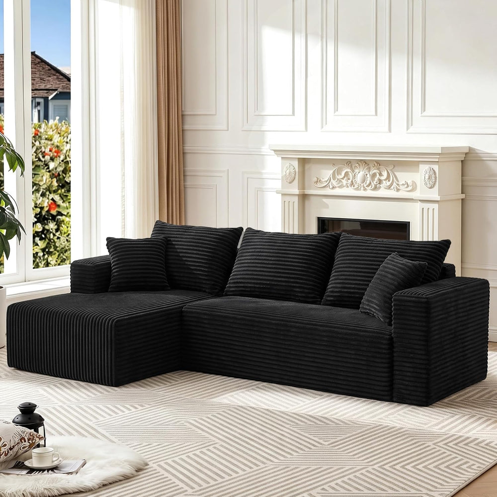 93" Couch for Living Room, Black, Left Facing Chaise | Corduroy L-Shape ...
