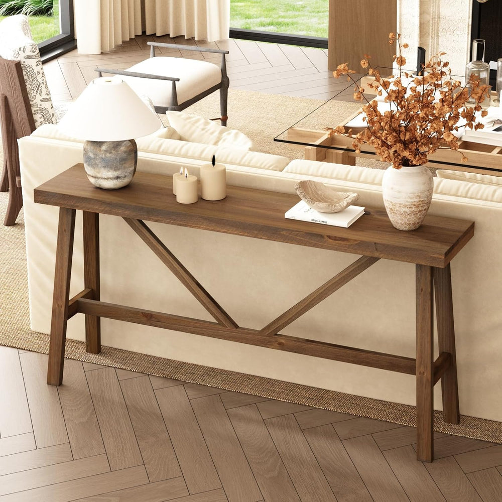 Wnutrees 63" Farmhouse Solid Wood Console Table, Rustic Hallway Table | ...