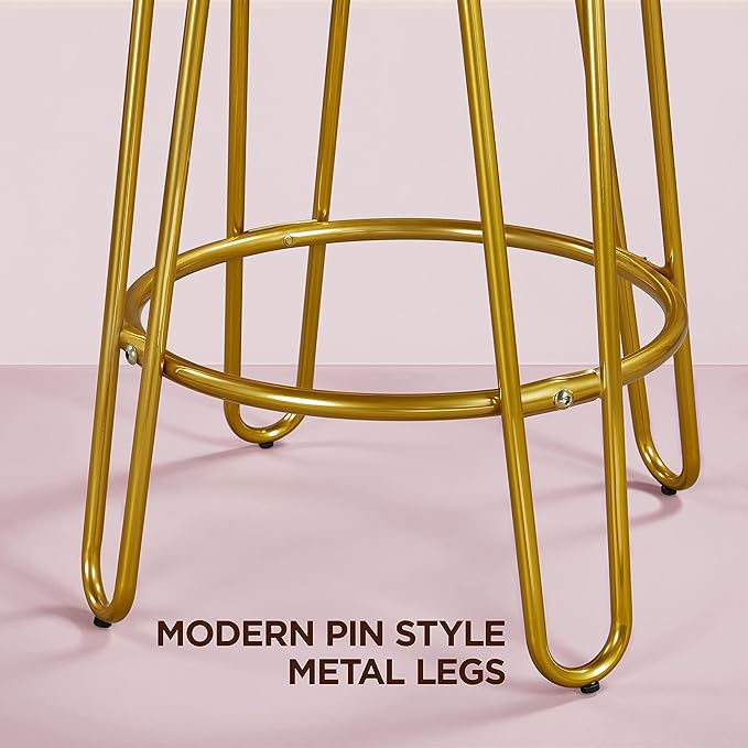 Yaheetech Bar Stools Set of 4, Velvet Round Counter Stools, Backless Counter Height Bar Chairs with Golden Legs for Kitchen Dining Room Pub Cafe, Pink