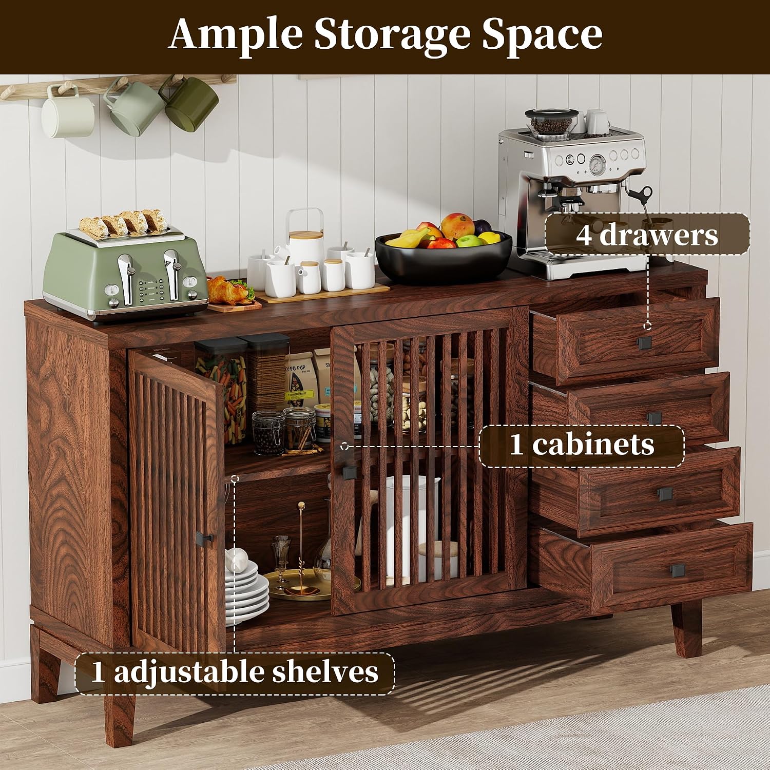 47" Walnut Farmhouse Buffet Sideboard Cabinet with Slat Doors for Kitchen | Wood Credenza with 4 Drawers & 2 Doors Coffee Bar Storage Cabinet with Adjustable Shelf for Living Room Entryway