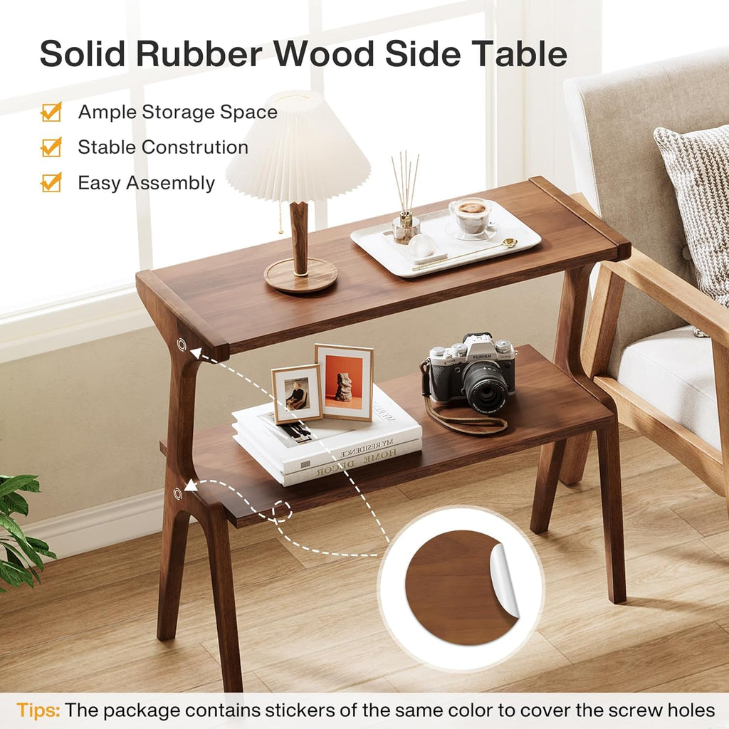 Tribesigns Solid Wood End Table, 2-Tier Farmhouse Side Table with Storage Shelves, Slim Side Table for Couch with Unique Legs, Long Bedside Table for Bedroom, Living Room, Rustic Brown