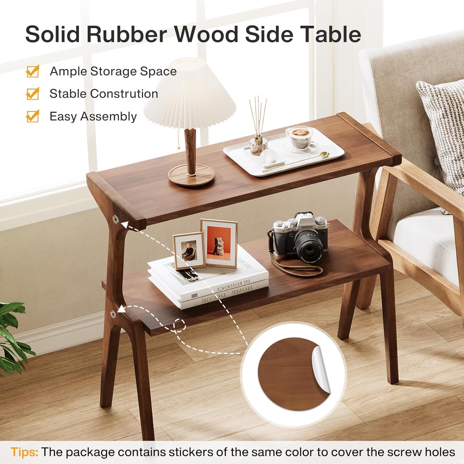 Tribesigns Solid Wood End Table, 2-Tier Farmhouse Side Table with Storage Shelves, Slim Side Table for Couch with Unique Legs, Long Bedside Table for Bedroom, Living Room, Rustic Brown