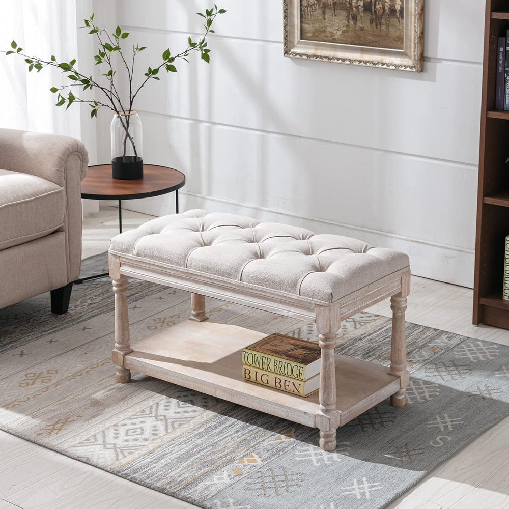 Farmhouse Storage Bench Wooden Entryway Linen Upholstered Ottoman Button Tuft...