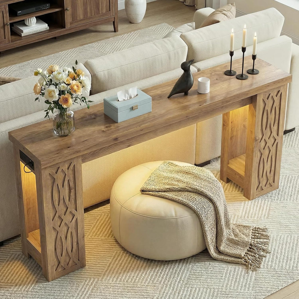 Cyclysio 63" Console Table with Outlet & Colorful LED Lights, Natura...
