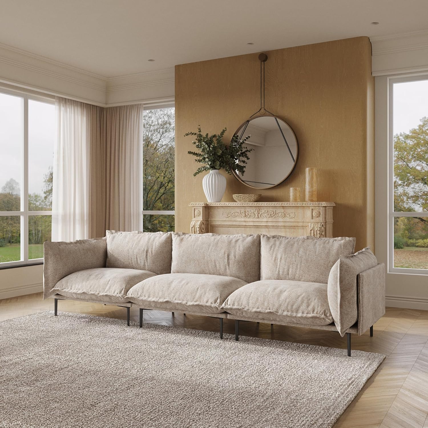 111" 3 Seater Cloud Sofa, Mid-Century Modern Sectional Couches with Thick Cushion, Modular Couch with High Sofa Legs, Sofa Furniture for Small Space Living Room Office Apartment, Light Brown
