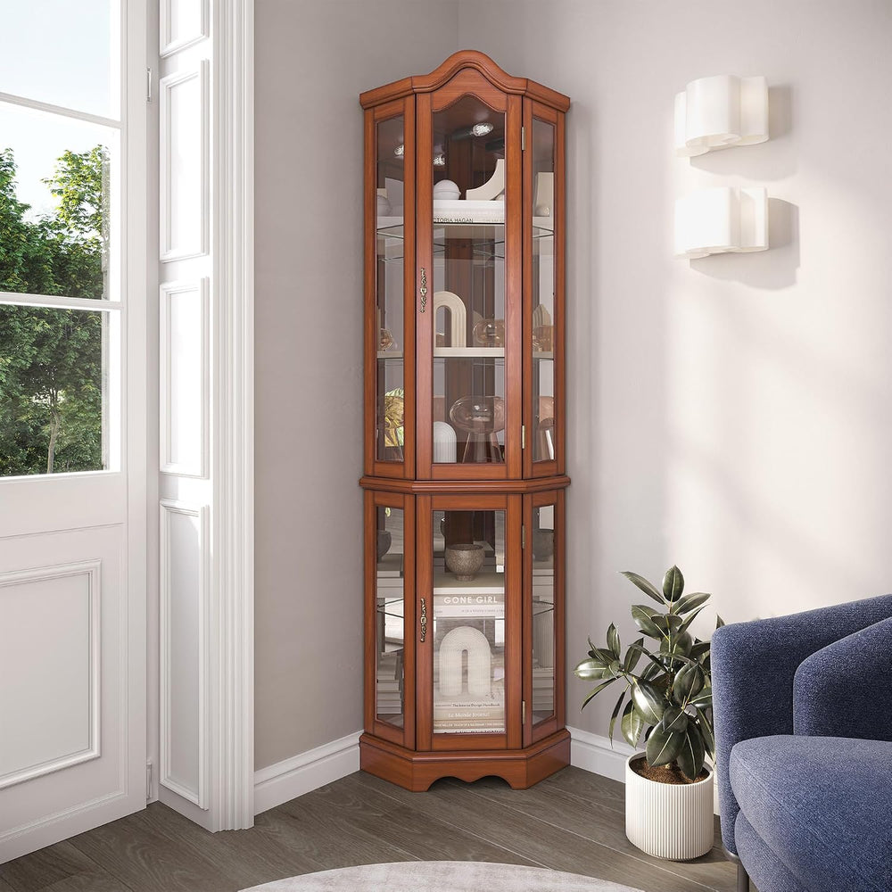 BELLEZE Lighted 3-Side Glass Display Curio Cabinet w/Tempered Glass Doors and...