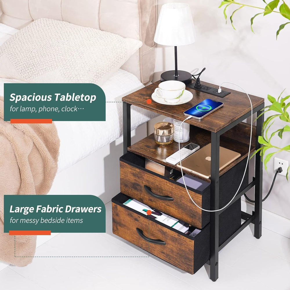 Yoobure Nightstand with Charging Station, Small Night Stand with Fabric Drawe...