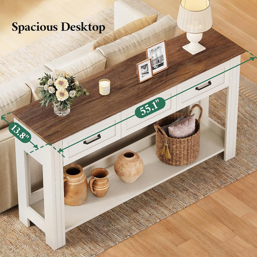 55" Farmhouse Console Table with 3 Drawers, Rustic Entryway Table with O...