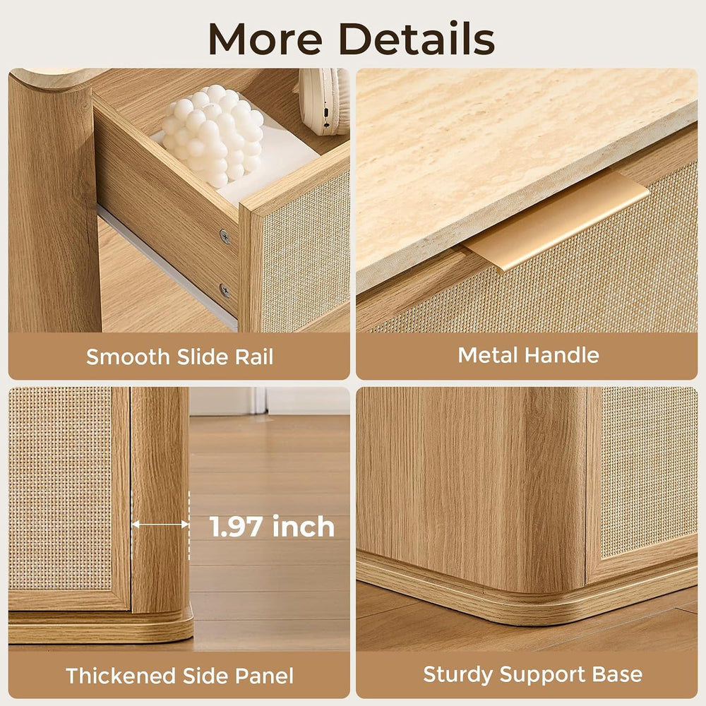 NightStand Set of 2, 23.11" W Rattan Nightstand with 2 Drawers, Faux Mar...