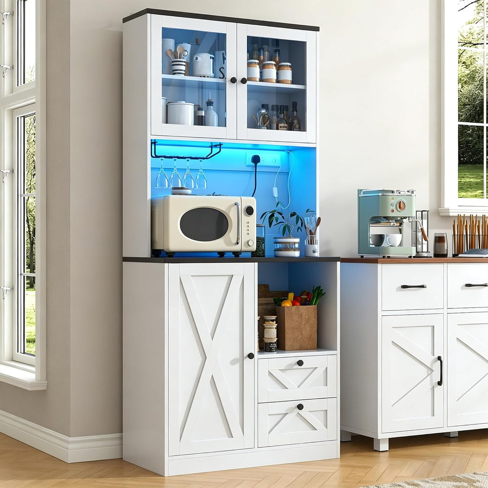 71" Tall Coffee Bar Cabinet with Storage Hutch, Farmhouse Kitchen Pantry...