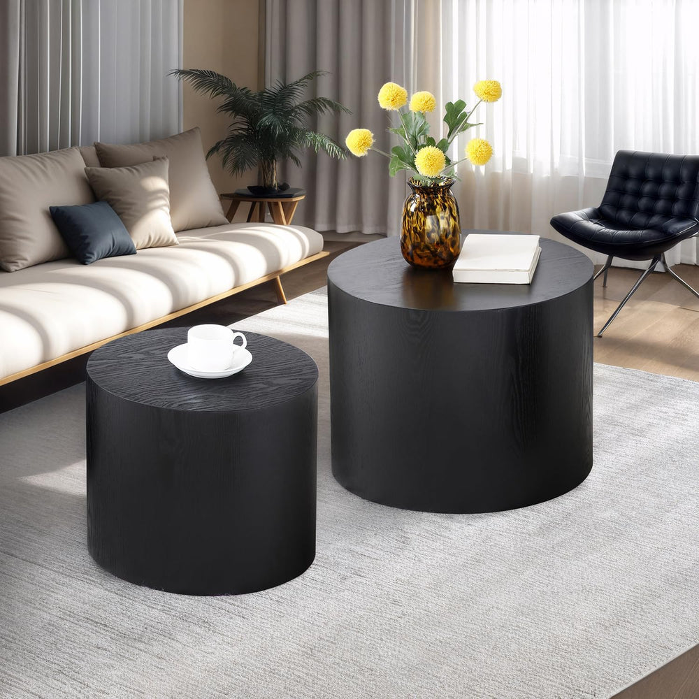 Wood Nesting Coffee Table Set of 2, Modern Round Coffee Table with Non-Slip F...