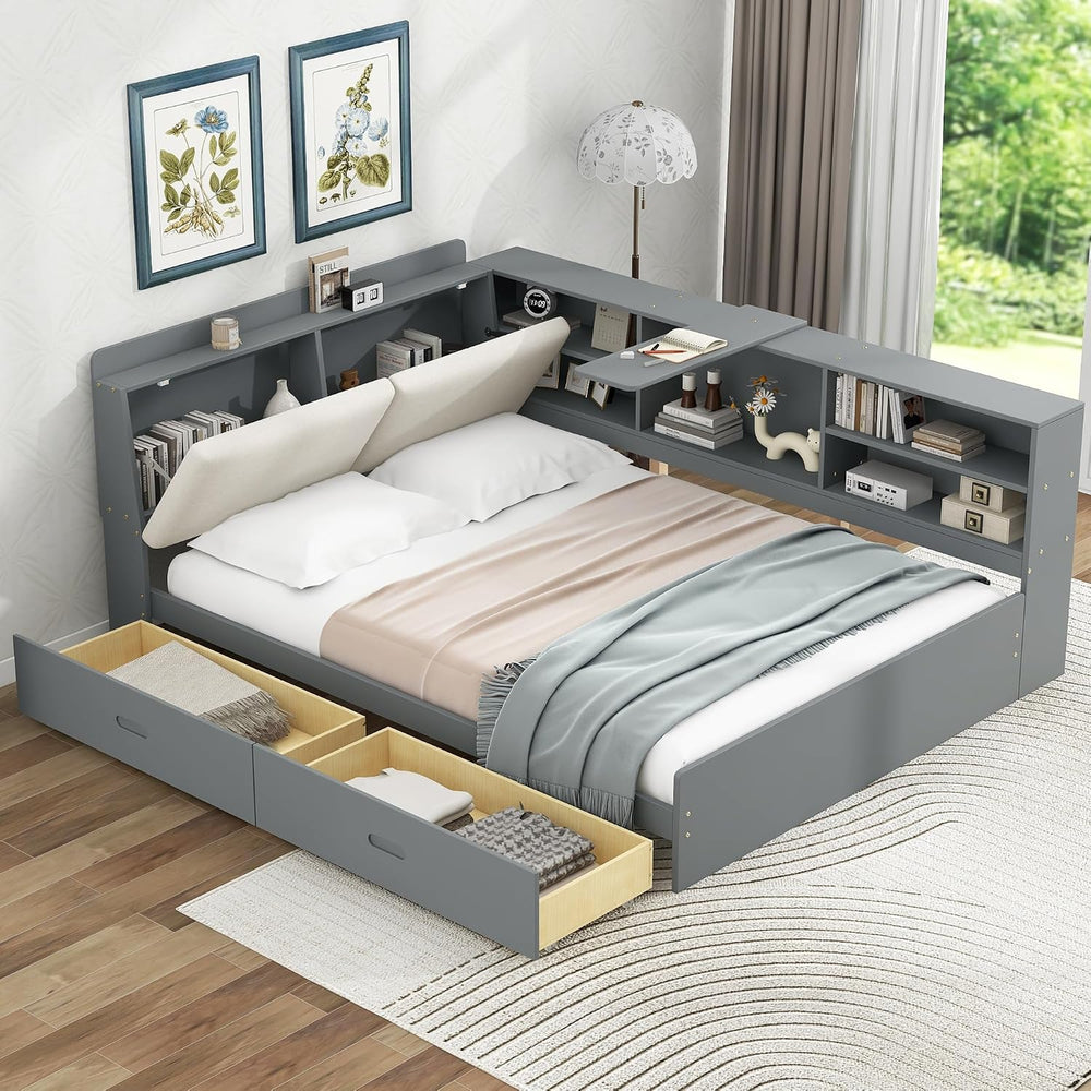 Peanu Full Bed Frame, Storage Headboard, Gray Upholstered Wood