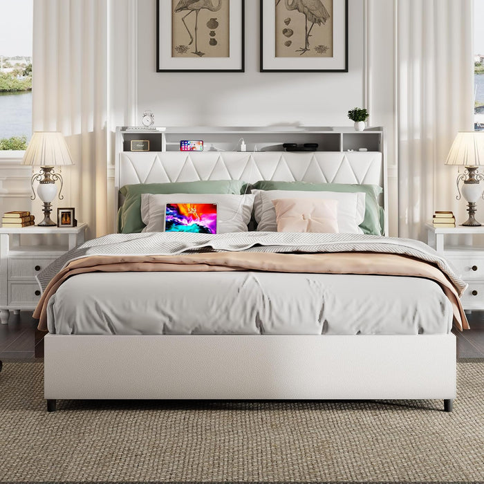 Peanu Queen Bed Frame, Ergonomic Headboard, White Metal Frame