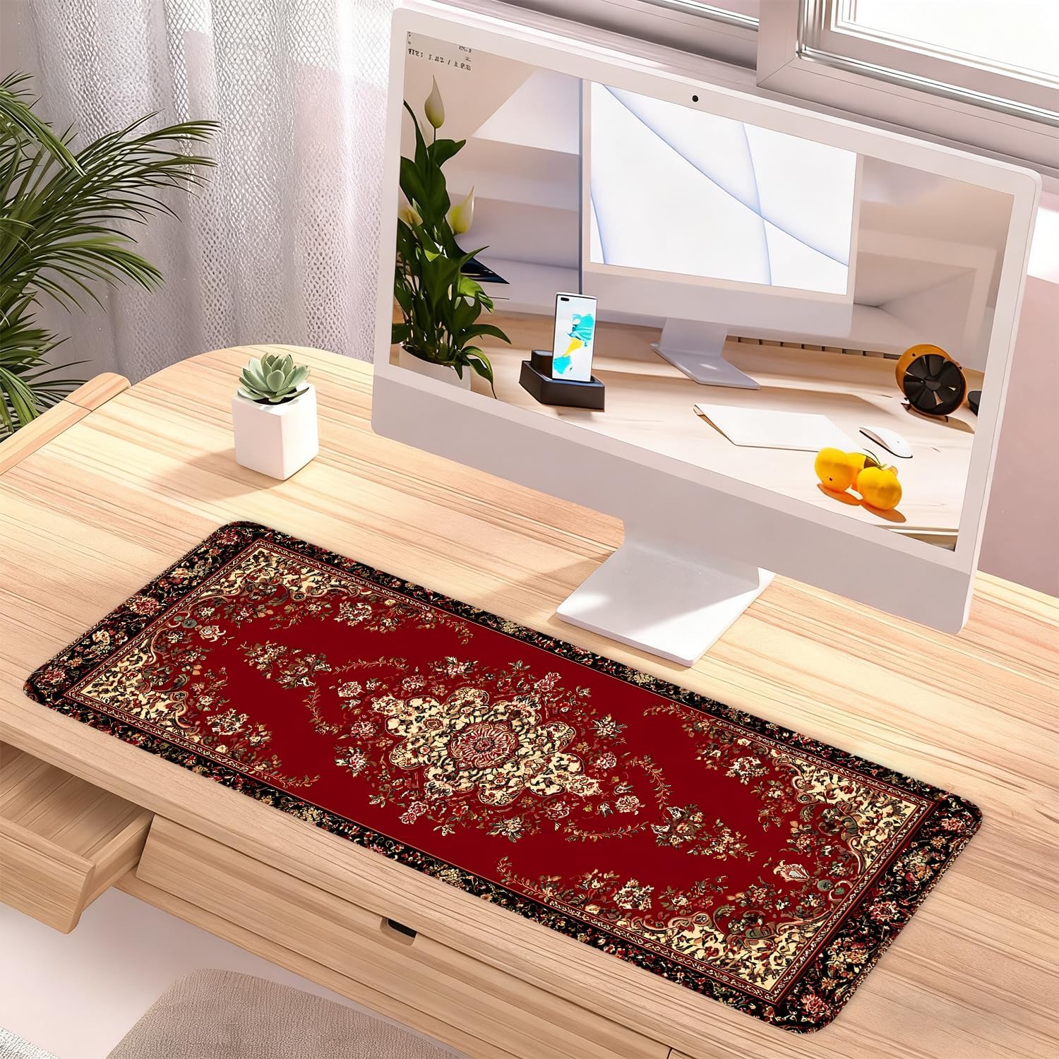 Red Vintage Persian Rug Mouse Pad – Large Extended Desk Mat 31.5 x 11.8 in– Oriental Carpet Design, Non-Slip Rubber Base, Waterproof Surface, Keyboard & Mouse Pad for Office, Gaming, Home