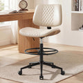 Drafting Chair with Adjustable Footrest, Armless Modern Tall Office Chair for Standing Desk, PU Leather Swivel Stool in Curved Bentwood Style, Ergonomic Rolling Walnut Chair for Office(Beige)