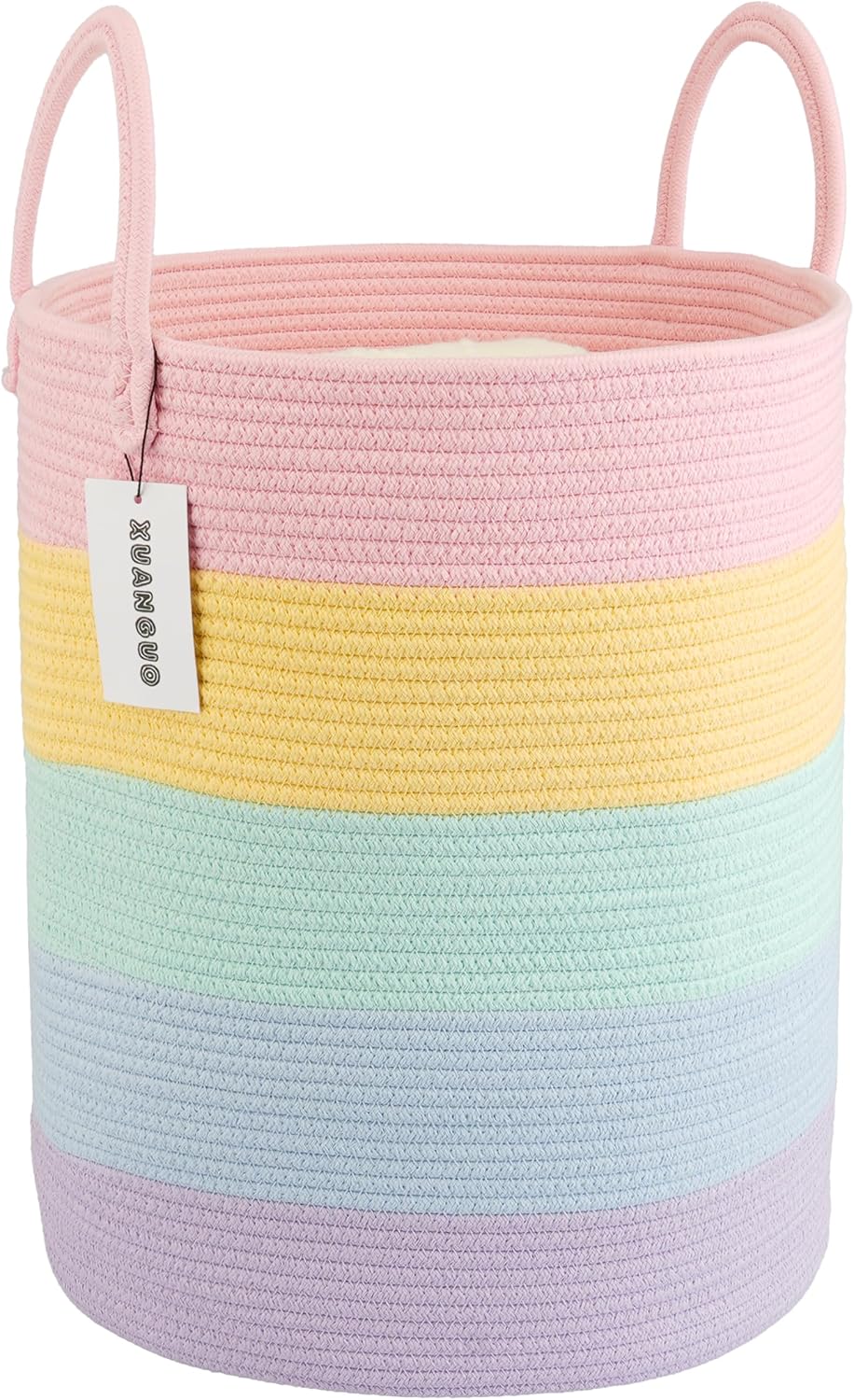 XUANGUO Rope Laundry Basket Hamper for Kids Girl, rainbow | Woven Storage Basket for Living Room Bedroom Boho Tall Baskets for Blanket Toys Pillow Towels Baby Nursery Hamper Bin