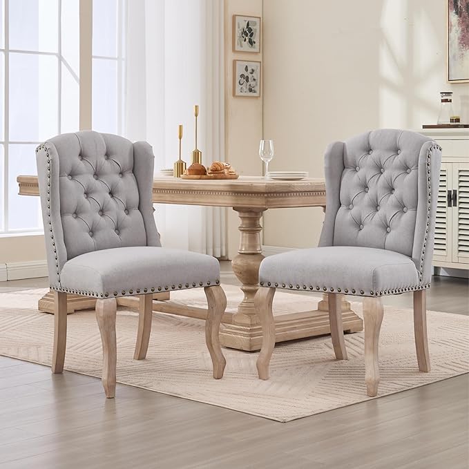Upholstered Dining Chairs Set of 2 for Kitchen and Dining Room Farmhouse Fabric Tufted Accent Chairs for Living Room and Bedroom with Wooden Legs, Grey