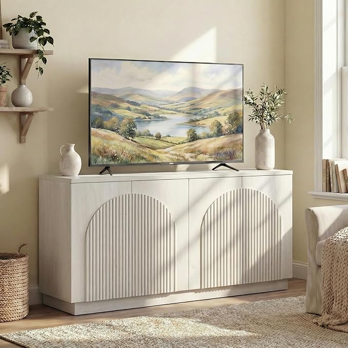 Yechen White Oak Fluted TV Stand with Arched Reeded Design Doors, Modern Entertainment Center with Storage for Up to 65 Inch, TV Media Console, TV Cabinet for Living Room, Bedroom/White Oak(1 PCS)