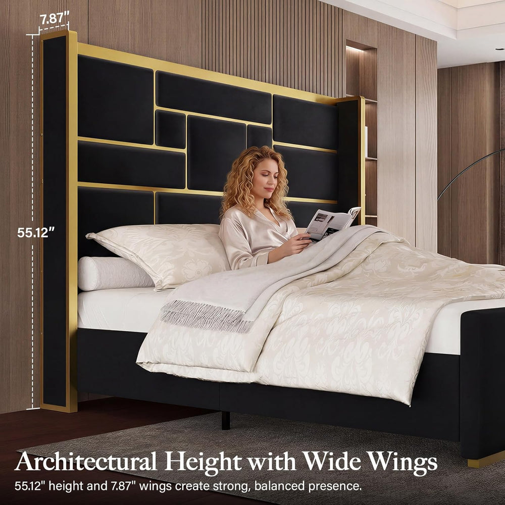 Queen Bed Frame with 55.12" Tall Headboard, Black and Gold