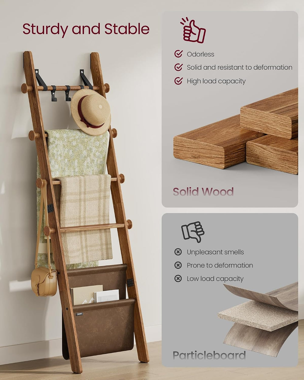 VASAGLE Blanket Ladder for Living Room, 5-Tier Wooden Ladder Shelf, Decorativ...