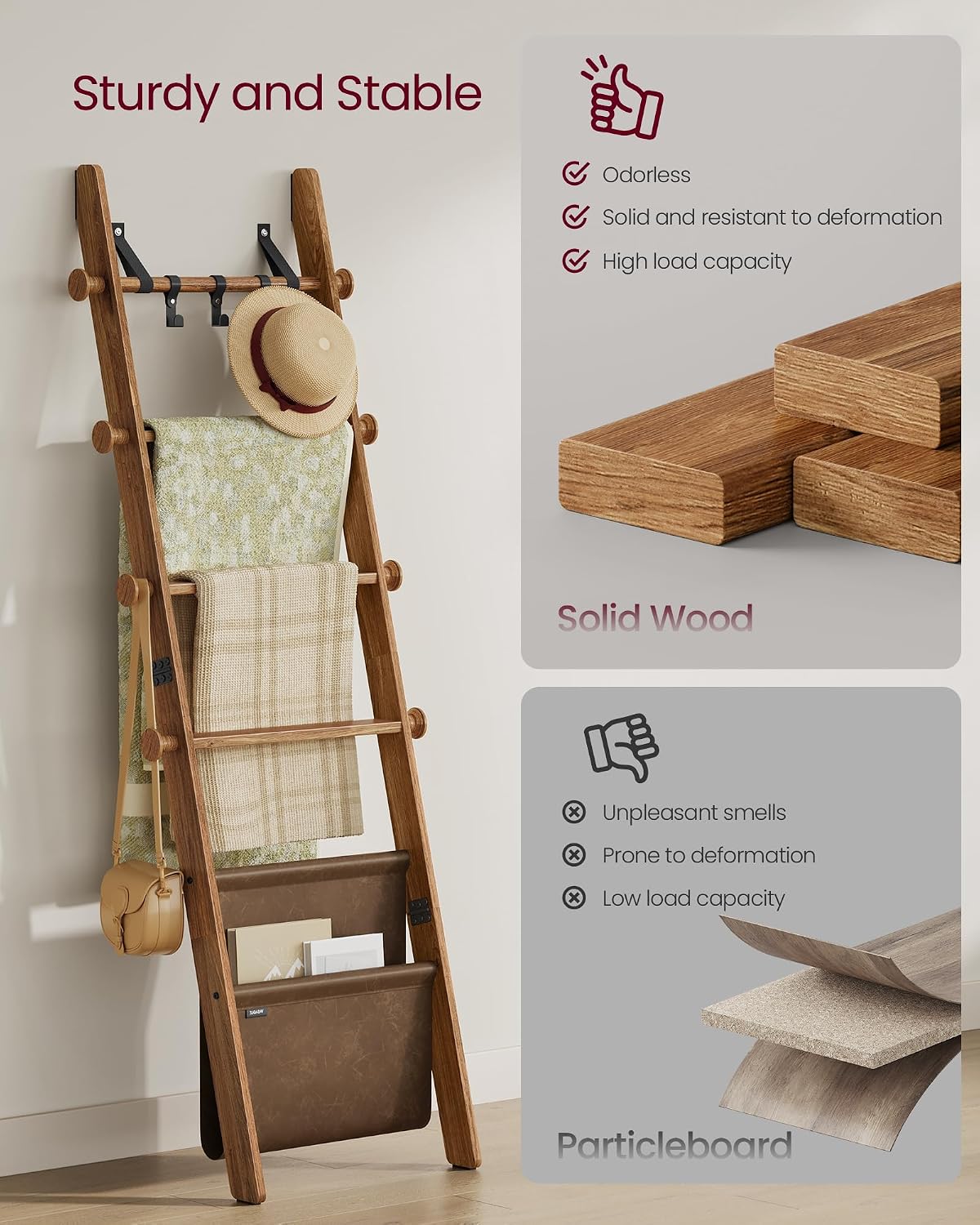 VASAGLE Blanket Ladder for Living Room, 5-Tier Wooden Ladder Shelf, Decorative Farmhouse Blanket Rack with Synthetic Leather Bag, Metal Hooks, Side Hooks, for Bedroom, Caramel Brown ULLS022K01