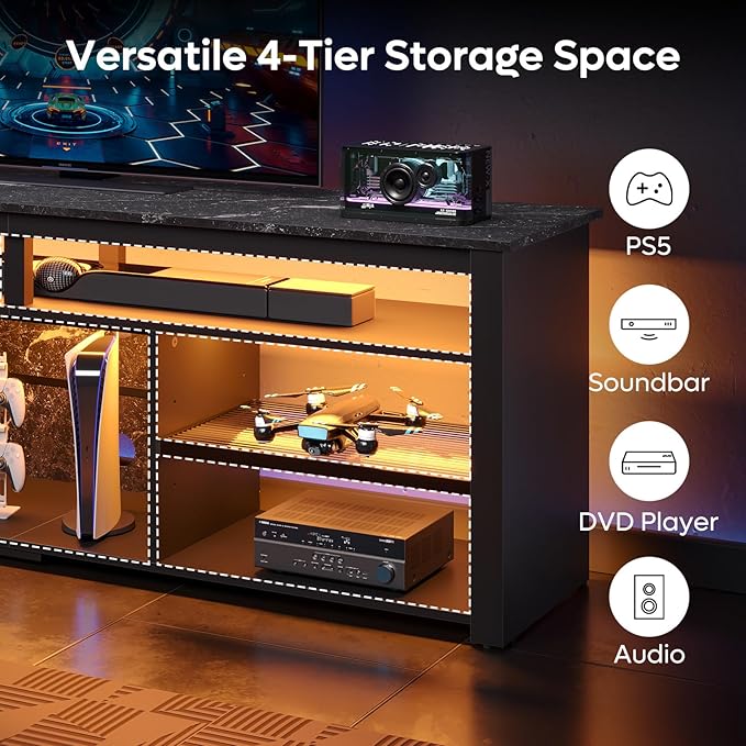 Bestier Tall LED TV Stand for 70/75/80 inch TV, Modern Black Marble Entertainment Center with Storage for PS5, Gaming Console for Living Room & Bedroom