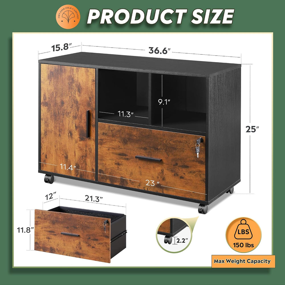 DEVAISE Printer Stand with Storage, Mobile Wood File Cabinet, Rustic Brown | ...