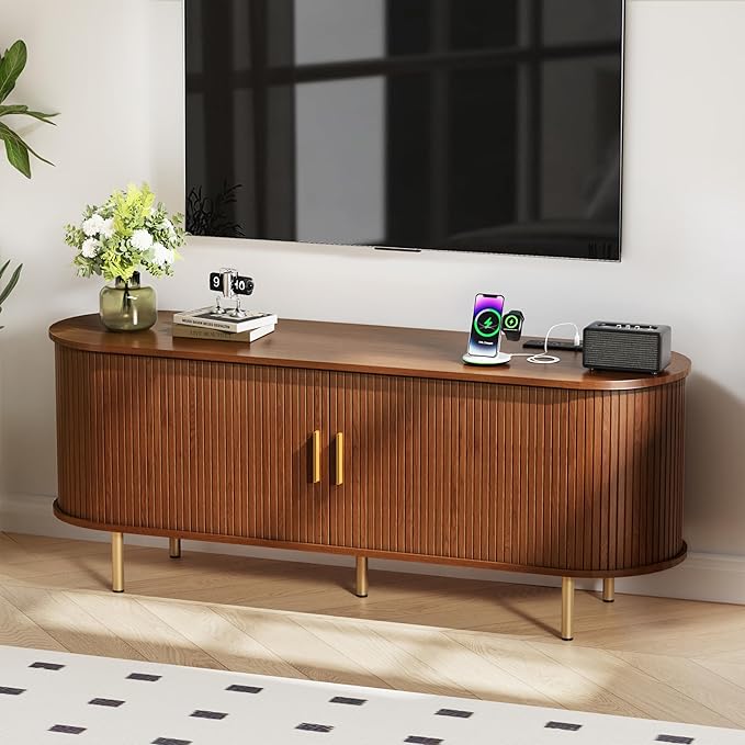 DHH 55 Inch Mid Century Modern TV Stand with Power Outlet for TVs up to 60 Inch, Entertainment Center with Storage and Adjustable Shelves, Media Console with Sliding Doors for Living Room(Walnut)