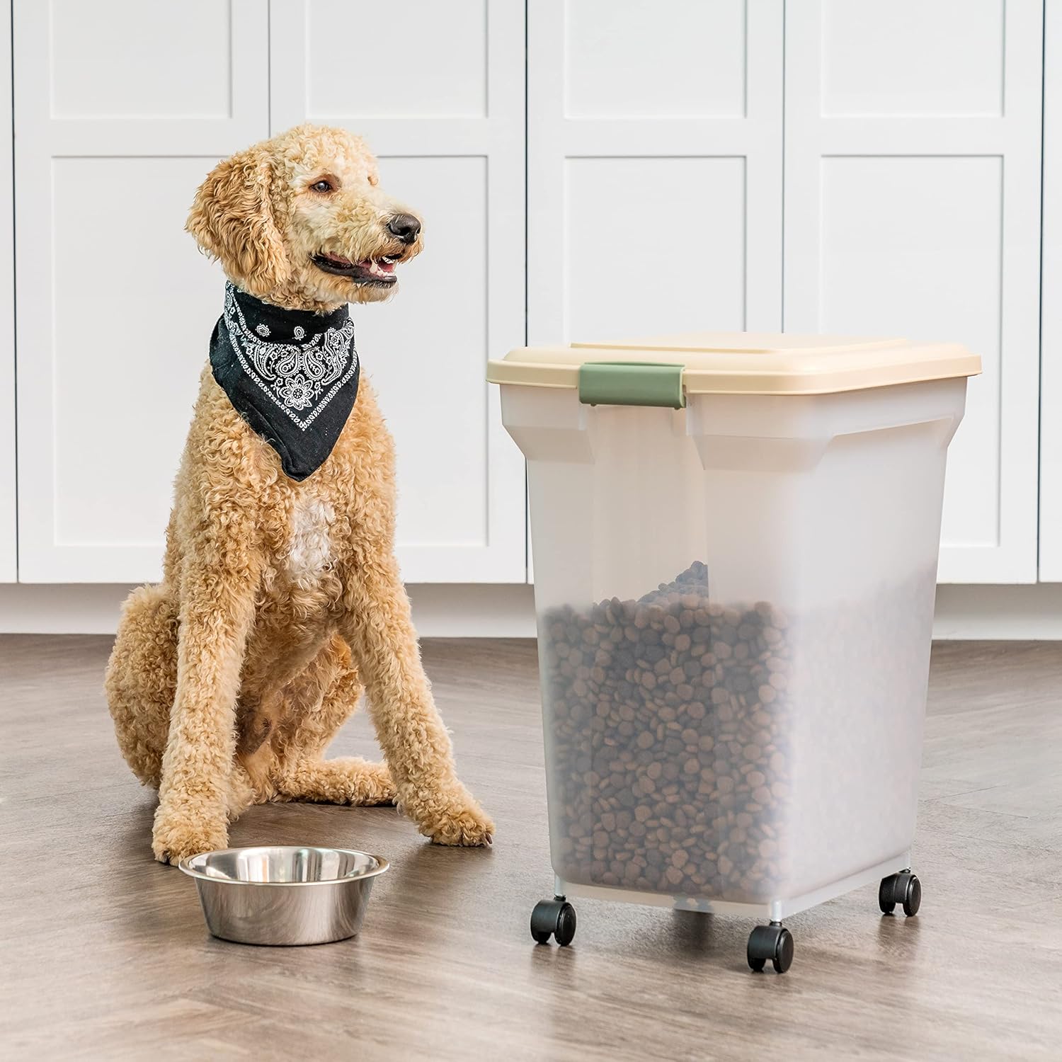 IRIS USA WeatherPro Airtight Dog Food Storage Container, Up to 58 lbs, Attachable Wheels, For Dog Cat Bird and Other Pet Food Storage Bin, Keep Fresh, Translucent Body, Clear/Almond