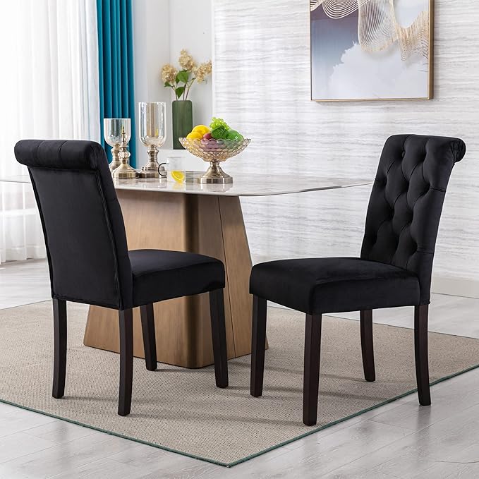 Velvet Dining Chairs Set of 2 Upholstered Dining Room Chairs Modern Tufted Accent Chairs Wooden Parsons Side Chairs for Home Kitchen Resturant, Black