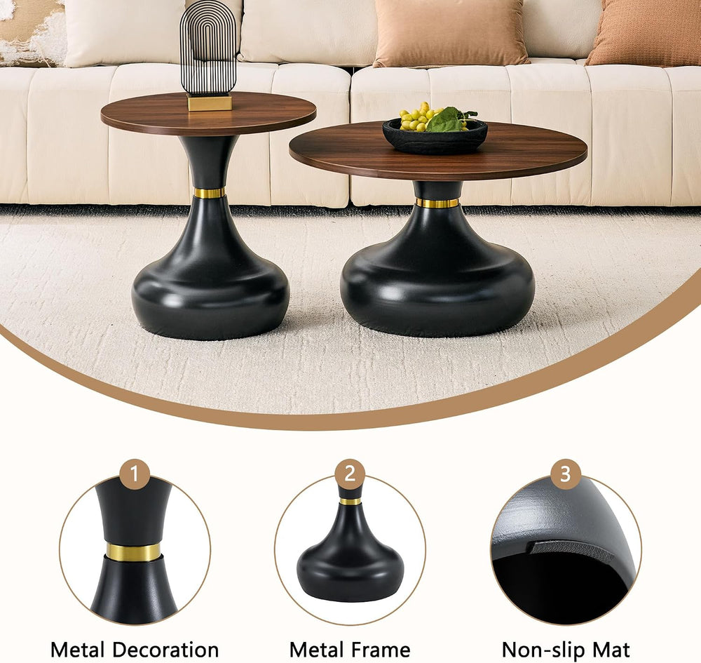 2-Piece Nesting Coffee Table Set, Walnut Wood Grain, Gold Metal Base | Nestin...