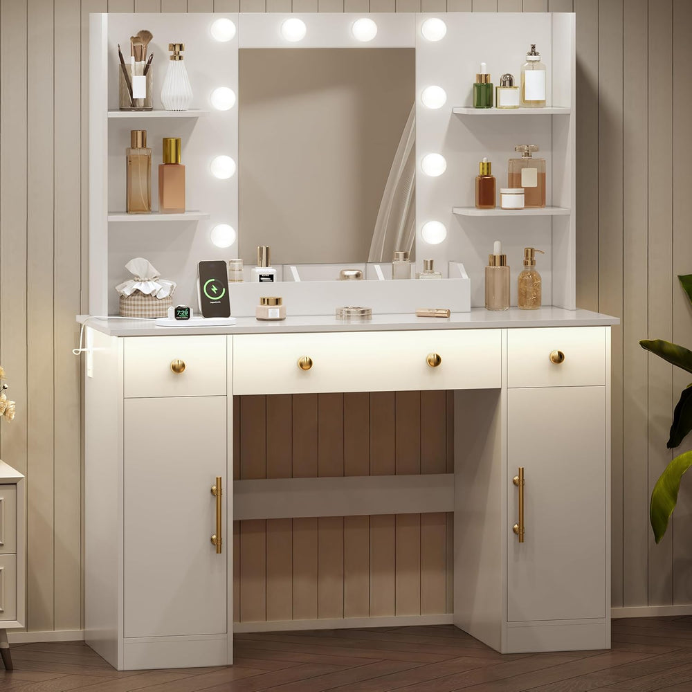 HUANLEGO Vanity Desk with Mirror and Lights, Makeup Vanity with Mirror and LE...