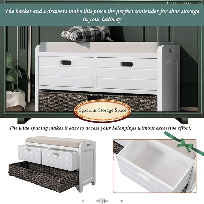 Merax White Classic Wood Entryway Bench with 2 Drawers, Large Rattan Basket and Removeable Seat Cushion for Hallway Front Door, Type 5
