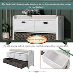 Merax White Classic Wood Entryway Bench with 2 Drawers, Large Rattan Basket and Removeable Seat Cushion for Hallway Front Door, Type 5
