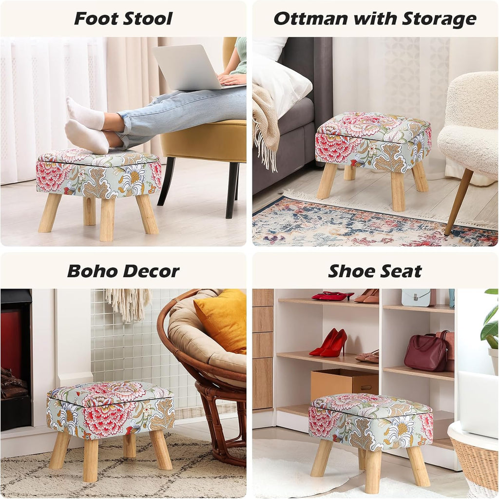 ETELI Small Foot Stool Ottoman with Storage Versatile Square Storage Ottoman Boho Foot Rest with Sturdy Wood Legs Floral Footstools and Ottomans for Living Room Bedroom and Enterway