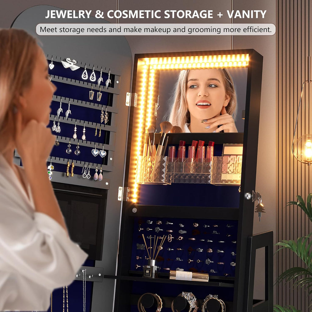 360°Swivel Jewelry Organizer with Full Length Mirror with Lights,Jewelry Armoires Cabinet Standing with Drawer,Large Mirror Storage for Jewelry and Makeup(Black)