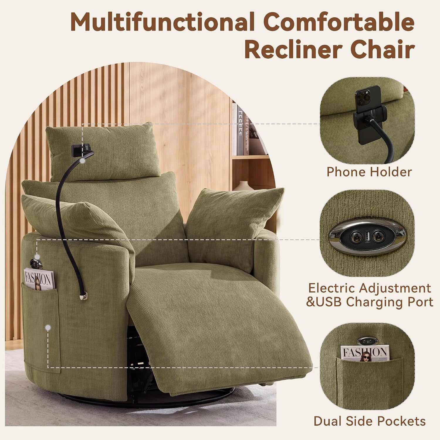 FOXHUNTER 300° Swivel Power Nursery Rocking Glider Chairs, Chenille Green | 30° Rocking Mode, USB Charging Port, Phone Holder, Adjustable Headrest, 2 Cushions, 2 Side Pockets, for Living Room Bedroom