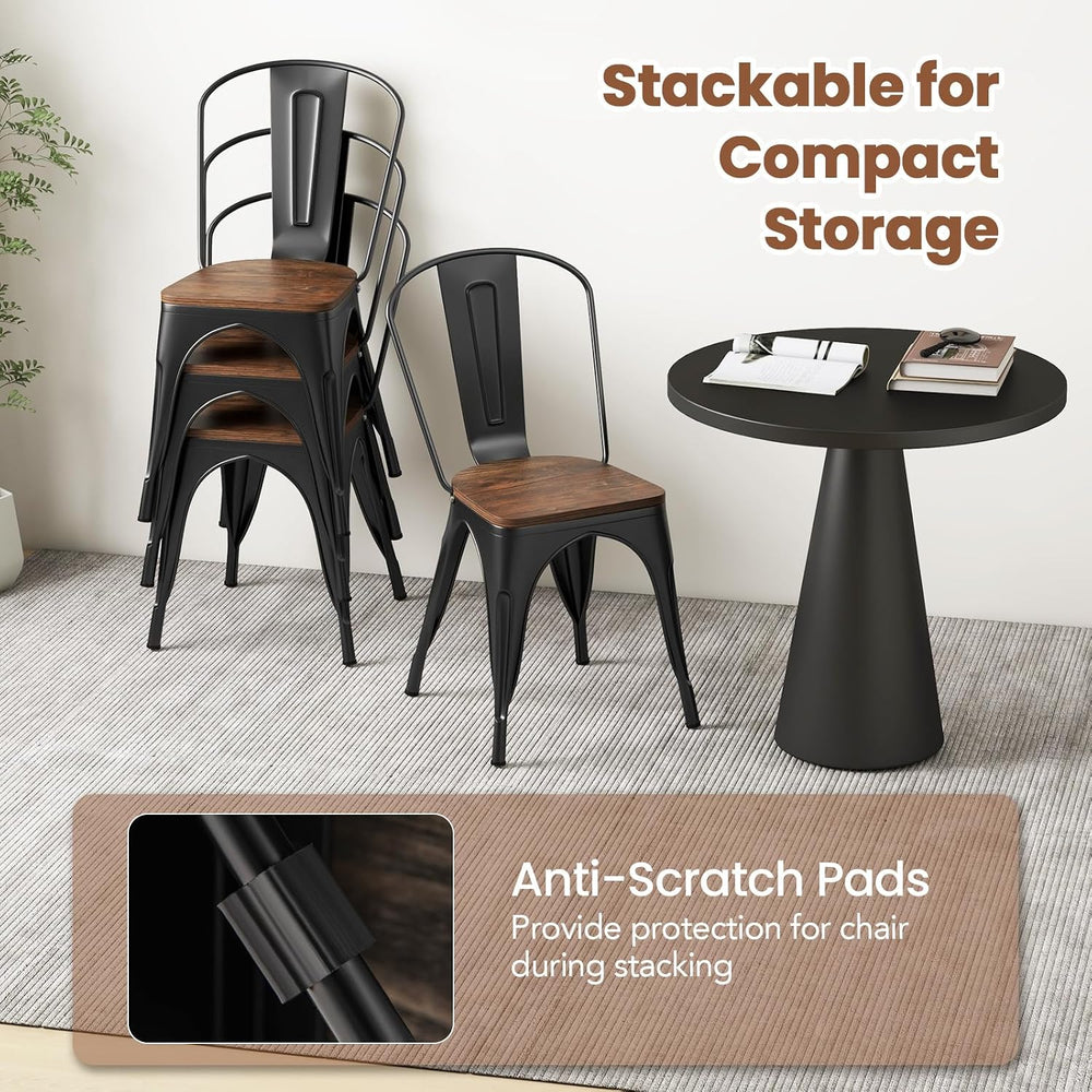 COSTWAY Stackable Metal Dining Chairs Set of 4 with Wood Seat and High Back |...