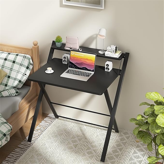 GreenForest No Assembly Folding Desk, 2-Tier Compact Computer Desk with Shelf, Space Saving Foldable Table for Home Office, Dorm or Apartment, Portable Collapsible Sturdy Laptop Desk, Black