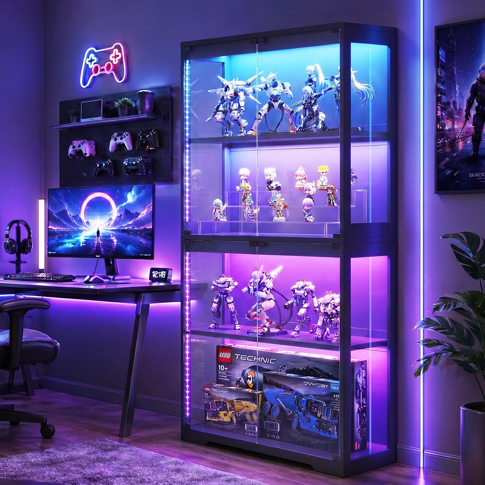 AODK Glass Display Cabinet with Glass Doors, RGB Light Display Case, 4-Tier S...